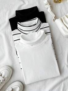 SHEIN 3件套青少年女孩黑色、白色、黑白条纹高领长袖修身T恤 - 黑與白 - 查看 6