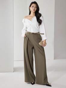 Heiryn Pantalones casuales sueltos de pierna ancha y plisados de unicolor para mujer - Marrón Mocha - Ver 5
