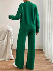 EURMUSE Turtleneck Long Sleeve Sweater With Pearl & Sweater Pants Co-Ords - Dark Green - View 2