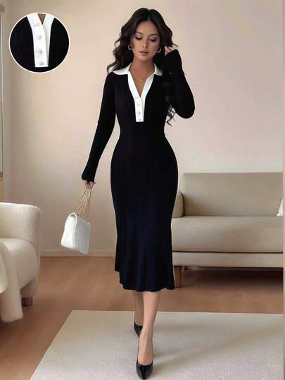 Rafferiza Women's French Casual Style Slim Fit Polo Collar Long Sleeved Woolen Fabric Contrasting Color Metal Buckle Half Placket Black And White Women's Autumn And Winter Sweater Dress