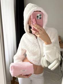 SHEIN EZwear Drop Shoulder Zipper Hooded Crop Teddy Jacket In Fall/Winter - White - View 4