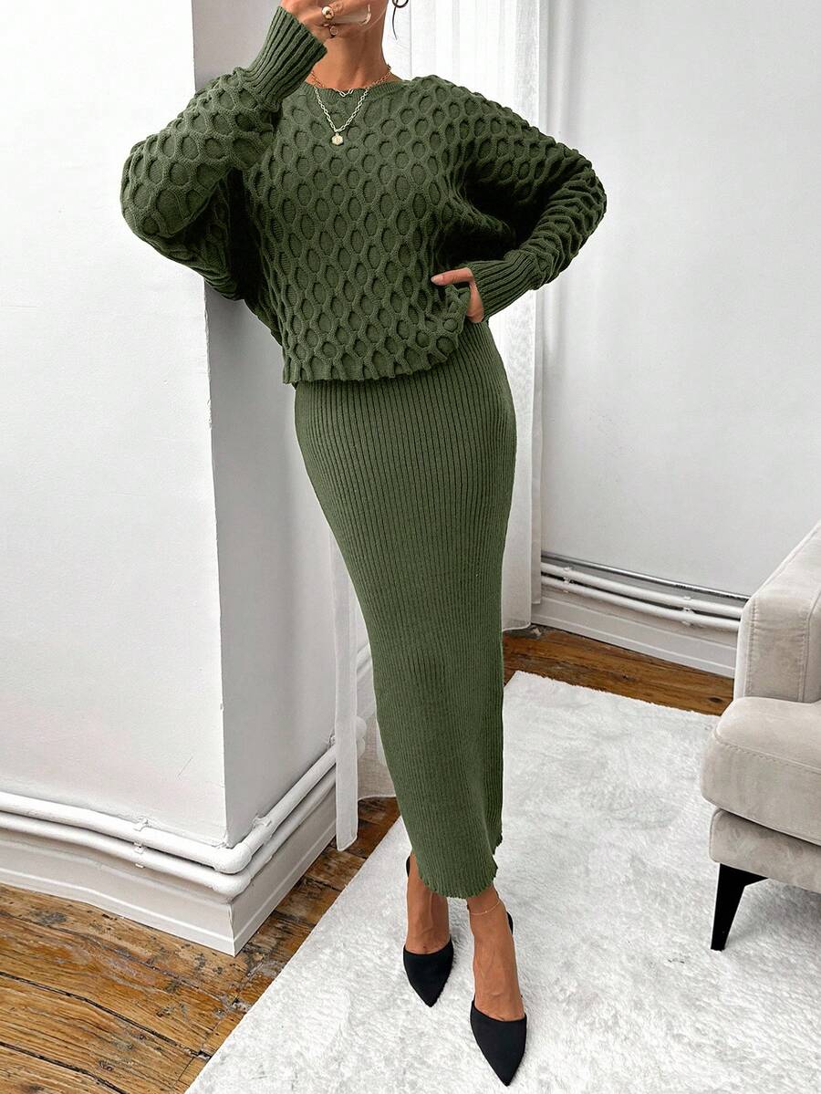 EURMUSE Kvinnor Grön Ribbstickad Långärmad Tröja Klänning & Pullover Tröja - Grön - Visa 1