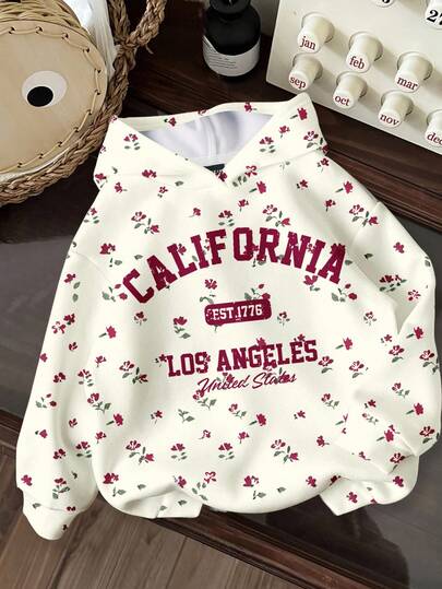Slaydiva Plus Size Vintage Aesthetic Cherry&Flower Print Sweatshirt,White,Autumn,Casual,Graduation,School,Back-To-School,Boho Botanical Pressed Flowers Hoodie
