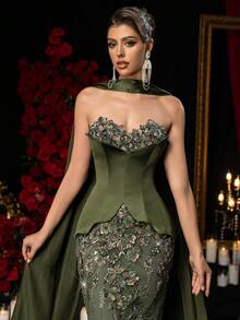 Glamrae 优雅奢华刺绣珍珠蕾丝性感无肩带美人鱼礼服，配有可拆卸挂脖，适合婚礼、活动、派对、度假、盛会、正式场合（装饰繁复）、情人节等场合。 - 軍綠色 - 查看 4