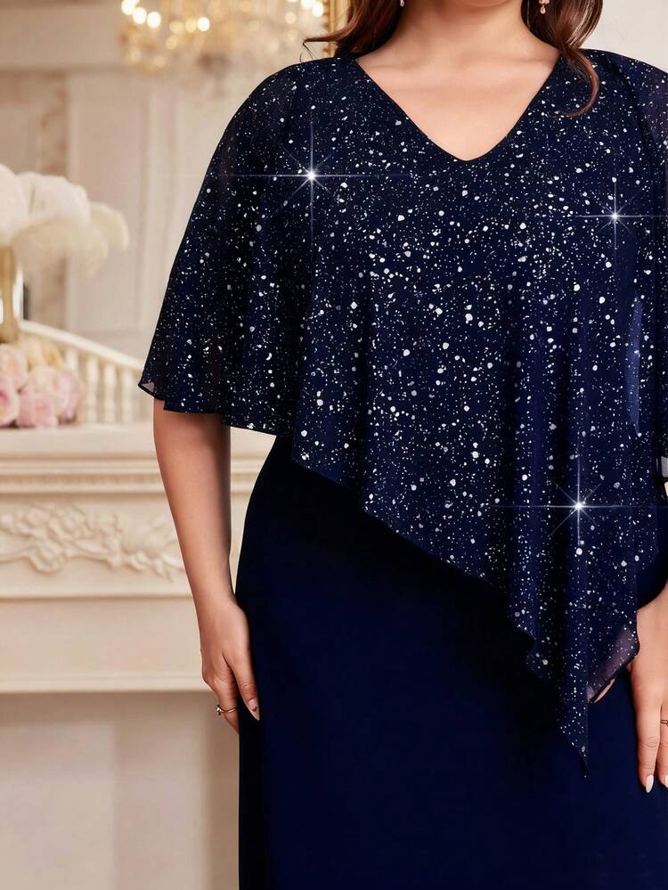 Modelyn Vestido largo de noche de talla grande con capa de lámina de plata para mujer - Azul Marino - Añade 5