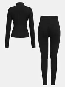 Set de 2 piezas con top de cárdigan de punto negro + pantalones de leggings para niñas jóvenes, conjunto de moda casual y combinable para uso diario - Negro - Ver 2