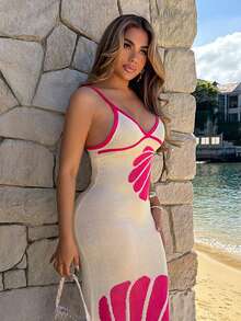 Maria Perezxox Romantisches Strickkleid für Damen mit Farbblockdesign und Muschelstickerei, für Frühling/Sommer, Urlaub - Beige - Übersicht 7