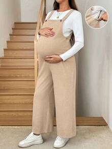 SHEIN Maternity Solid Color Button Design Wide Leg Loose Casual Jumpsuit, Autumn - Camel - View 8