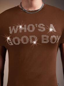 FeverCity Men's Rhinestone Embellished Crew Neck Short Sleeve T-Shirt,High Stretch - Brown - View 4