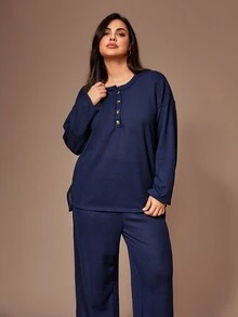 Lazeform Bộ đồ ngủ tay dài dệt kim Jacquard cổ tròn cài nút cỡ lớn, quần áo mùa đông - Màu xanh hải quân - Xem 4