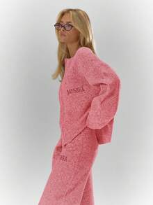 MUSERA Oversized Rib Knit Embroidered Zip Through Long Sleeve Cardigan Only Fall Autumn Cosy Cute Casual Coffee Club New Year Spring - Pink - View 4