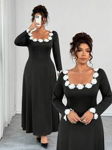 Elenzga Plus Size Crew Neck Floral Decor Waist Cinched A-Line Long Sleeve Dress, Elegant For Outings, Dates, And Gatherings - Black - View 8