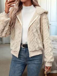 Louniche Zip Up Drop Shoulder Hooded Teddy Jacket Fall Winter Cloth For Women - Apricot - View 1
