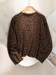 CosyJoli Plus Size Women's Elegant French Leopard Print Romantic Graphic Knitted Casual Sweater Top In Fall/Winter - Brown - View 6