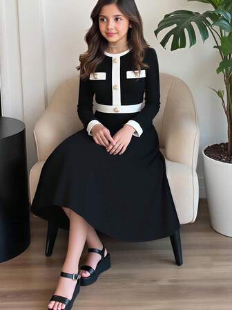 青少年女孩休闲通勤优雅黑白拼色纽扣装饰荷叶边下摆修身长袖连衣裙，秋冬