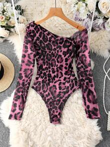 Franclia 女士时尚豹纹网纱透视露肩长袖连体衣 女士连体衣 猎豹纹连体衣 - 玫紅色 - 查看 2