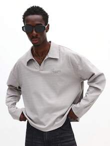 SUMWON Textured Collared Quarter Zip Long Sleeve Polo Shirt For Casual Weekend Style - Grey - View 4