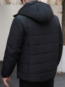 Manfinity Homme Chaqueta con capucha de invierno para hombres, de unicolor, de manga larga, con forro térmico, para uso casual. Chaqueta negra para hombres. Ropa de abrigo para hombres. Ropa de invierno para hombres. Ideal para actividades diarias, de ocio, fines de semana, actividades al aire libre, viajes, entornos de trabajo relajados o ocasiones semi-formales. Regalo para novio/esposo, regalo de aniversario, atuendos navideños. - Negro - Ver 2