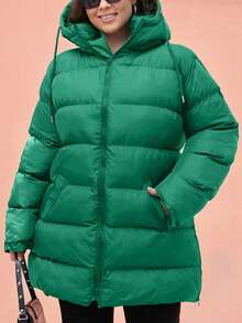 EURMUSE Plus Size Zip Up Drawstring Hooded Padded Coat - Dark Green - View 7