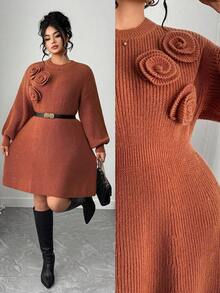 Elenzga Plus Size Knitted Dress, Round Neck, Lantern Sleeves, Handmade Floral Decor, A-Line, Solid Color, Autumn/Winter