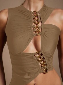 Hauture Váy Maxi đuôi cá màu nâu sẫm lấp lánh có chi tiết cắt xẻ và xích cho nữ - Màu Khaki - Xem 3