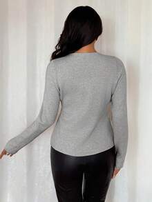 Chiquease Women's Slim Fit Khaki Casual/Work V-Neck Long Sleeve Asymmetrical Metal Button Cardigan - Grey - View 2