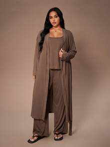 Lazeform 3件套加大码女式纯色休闲针织背心、裤子和睡袍套装，棕色女士睡衣套装，莫代尔睡衣套装，3件套女式睡衣，秋冬服装 - 棕色 - 查看 1