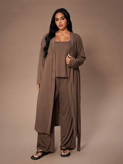 Lazeform 3pcs Plus Size Women Solid Color Casual Knit Tank Top, Pants And Robe Set 3 Piece Lounge Set Brown Pajama Sets For Women Modal Pajama Set 3 Piece Set Women Sleepwear 3 Pieces, Fall & Winter Clothes