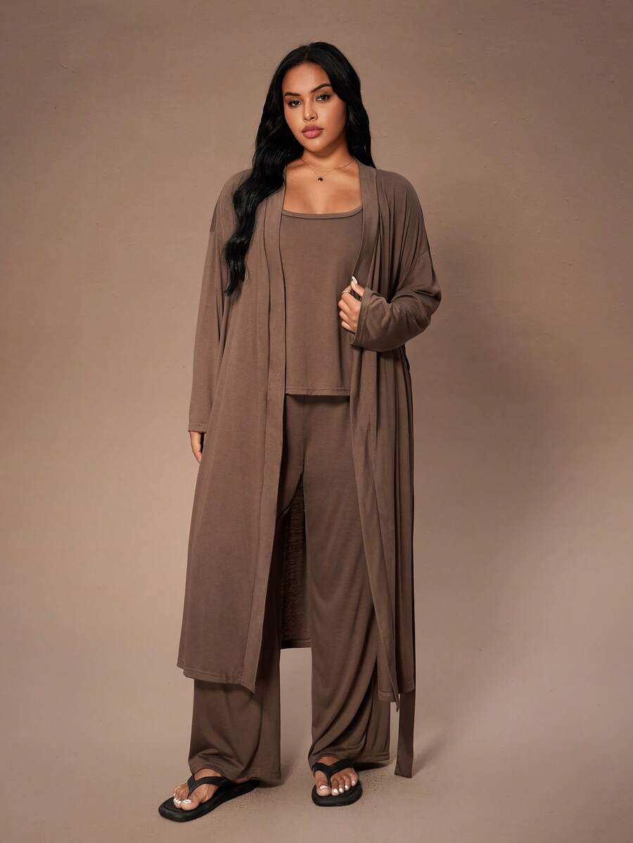 Lazeform 3件套加大码女式纯色休闲针织背心、裤子和睡袍套装，棕色女士睡衣套装，莫代尔睡衣套装，3件套女式睡衣，秋冬服装 - 棕色 - 查看 1