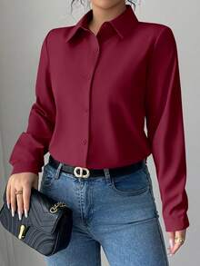 Elenzga Plain Front Button Long Sleeve Casual Versatile Shirt - Burgundy - View 6