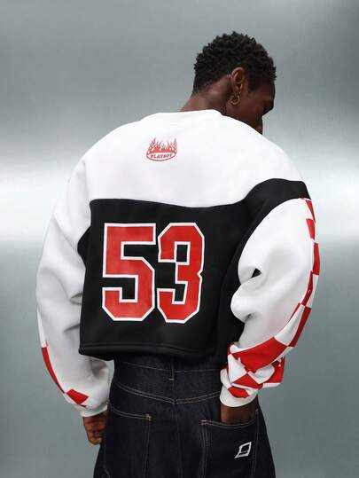 PLAYBOY X SUMWON Crop Fit Sweatshirt With Flame Logo Number 53 Back Print Varsity Sleeve Striping Color Block Design Casual Pullover