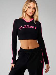 Missguided x Playboy Cotton Long Sleeve Crop Top Wide Leg Pants Coordinated Set With Pink Contrast Detail Logo Print Casual Urban Streetwear Fashion Outfit