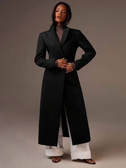 Athîral 女士纯色翻领长袖优雅长款羊毛大衣，秋冬