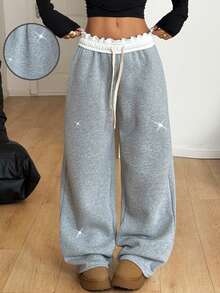 Coolane Quần nỉ ống rộng màu xám dành cho nữ, phong cách Thu Đông Y2K, thích hợp cho các buổi hòa nhạc, lễ hội rave, đi chơi, đính đá lấp lánh, giữ ấm và lót lông cừu. - Xám - Xem 5