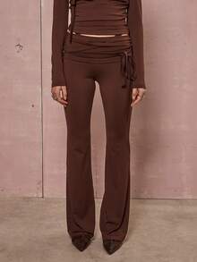 COUREZ 低腰修身喇叭针织裤，褶皱腰带 / Y2K 秋冬休闲裤，喇叭裤腿，外出休闲派对棕色裤子 - 彩色 - 查看 1
