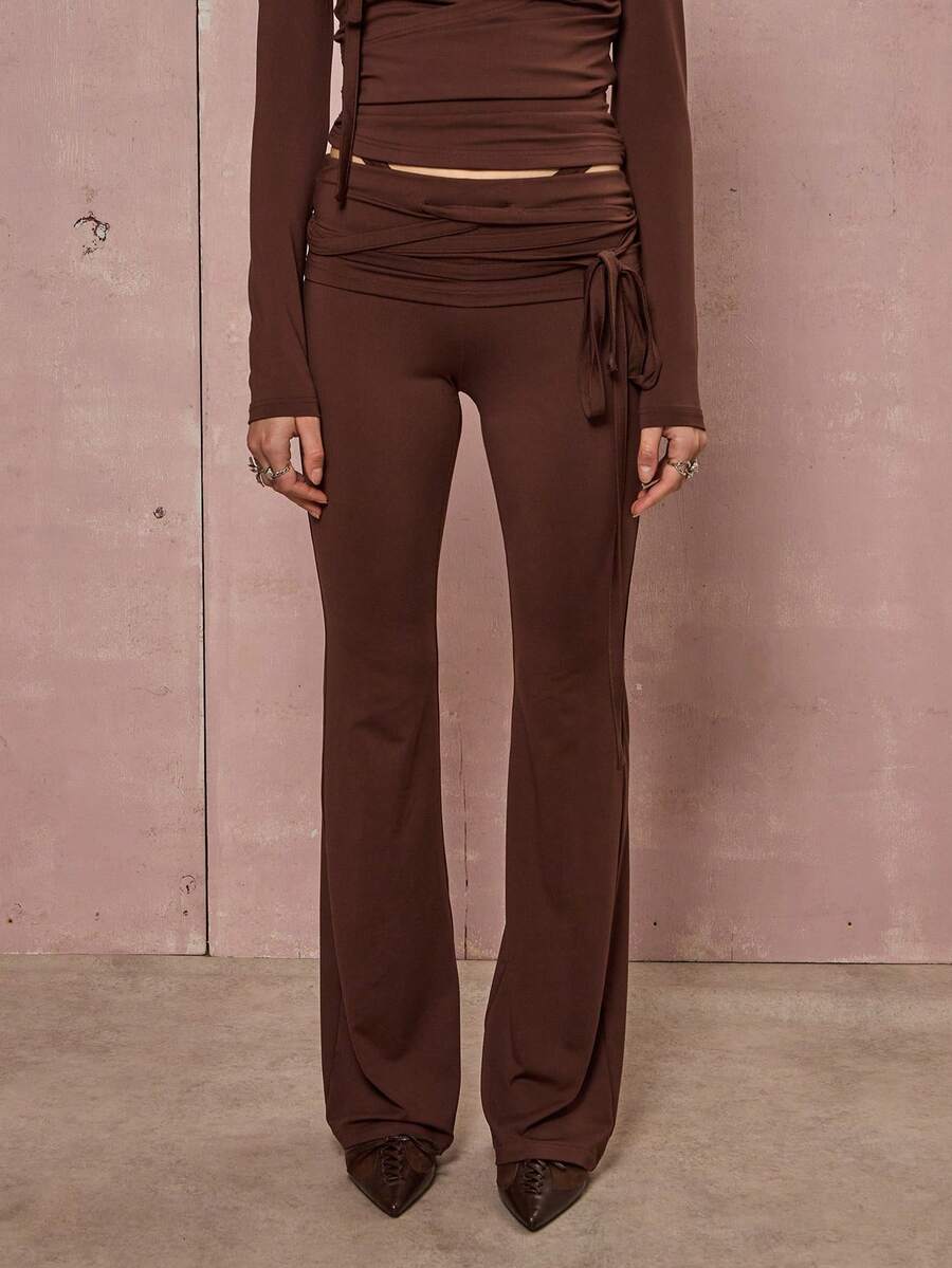 COUREZ 低腰修身喇叭针织裤，褶皱腰带 / Y2K 秋冬休闲裤，喇叭裤腿，外出休闲派对棕色裤子 - 彩色 - 查看 1