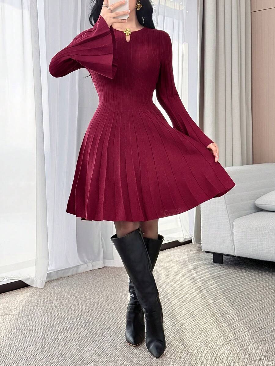 Modelyn A 字型针织连衣裙，修身优雅毛衣裙，女士秋冬服装 - 酒紅色 - 查看 1