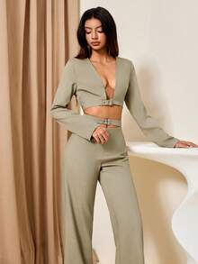 Bluhae 女士镂空长袖上衣和宽松直筒裤不对称系带腰部两件套 - 卡其色 - 查看 5