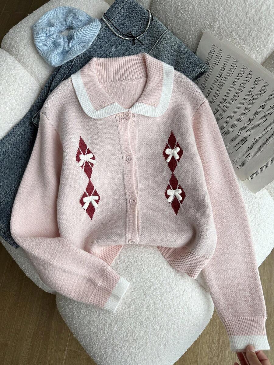 Genkimix Kids Áo khoác len cardigan dệt kim đơn hàng khuy đơn họa tiết hình thoi dành cho bé gái tuổi mới lớn, Thu/Đông - Hồng - Xem 1
