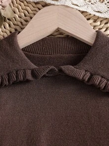 Bộ đồ gồm áo khoác cardigan dệt kim dài tay tối giản màu nâu đa năng cho bé gái năm 2025, phong cách nhẹ nhàng, thoải mái với ve áo rộng, áo len mềm mại, trang phục dệt kim mặc ngoài, thích hợp mặc hàng ngày và đi làm, mùa thu và mùa đông - Cà phê nâu - Xem 5