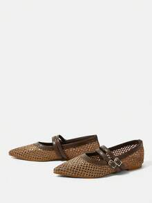 Styleloop Sepatu Kasual Wanita Ujung Lancip, Bahan Tenun Datar, Cokelat Kopi, Nyaman untuk Sehari-hari, Pesta, Pantai, Desain Bertali - Coffee Brown - View 4