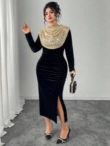 Modelyn Elegantes Partykleid für Damen in Große Größen mit Rüschenkragen, Samt- und Pailletten-Patchwork - Schwarz - Übersicht 5