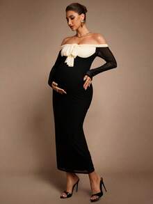 MaterniChic Vestido de maternidad elegante para fiesta con bloques de color y hombros descubiertos