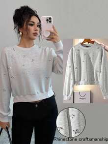 Rafferiza Women's Rhinestone Decor Round Neck Long Sleeve Casual Sweatshirt, Autumn - Light Grey - View 1