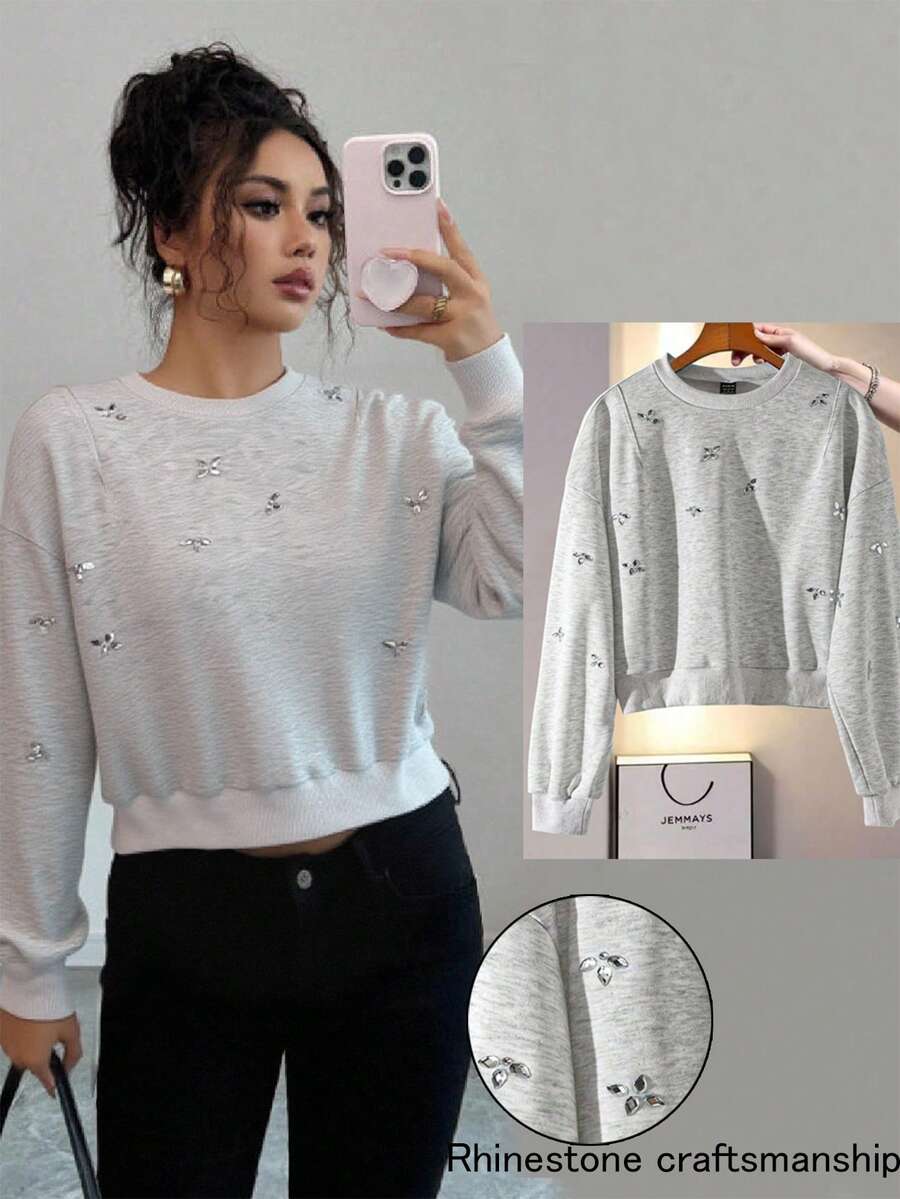Rafferiza Women's Rhinestone Decor Round Neck Long Sleeve Casual Sweatshirt, Autumn - Light Grey - View 1