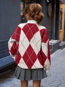 EURMUSE Women Mock Neck Diamond Pattern Drop Shoulder Pullover,Jumper,Cream Jumper,Jumpers,Christmas Jumper,White Jumper,Black Jumper,Ladies Jumper,Women's Jumpers - Burgundy - View 2