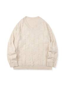 Manfinity Hypemode Sweater Kasual Pria Longgar Leher V dengan Dekorasi Mutiara Imitasi, Musim Gugur/Musim Dingin, Atasan Lengan Panjang - Aprikot - View 3