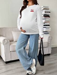 SHEIN Maternity Cherry Embroidery Crew Neck Long Sleeve Sweatshirt Cute Long Sleeve Top Women Long Sleeve Top Pregnancy Shirts Maternity Clothes T Shirts Breastfeeding Shirt