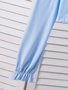 SHEIN Vintaside Kids 2 件套女童休闲罗纹针织开衫，蝴蝶结装饰和简约印花吊带裙，春秋 - 淺藍色 - 查看 8