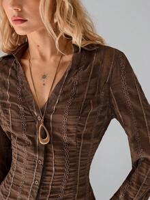 TRNVIE 1 pièce Blouse décontractée/de travail pour femmes à encolure en V en maille marron brodée, taille resserrée, manches longues, automne - Tabac - Voir 8